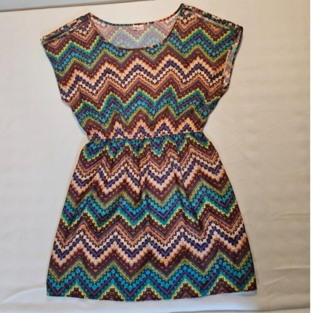 AUW Chevron Print Mini Dress XL Multi-Color Boho Geometric Short Sleeve